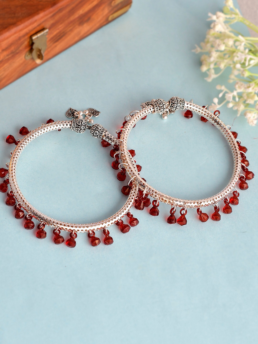 

Silvermerc Designs Red Silver-Plated Beaded Kada Anklet