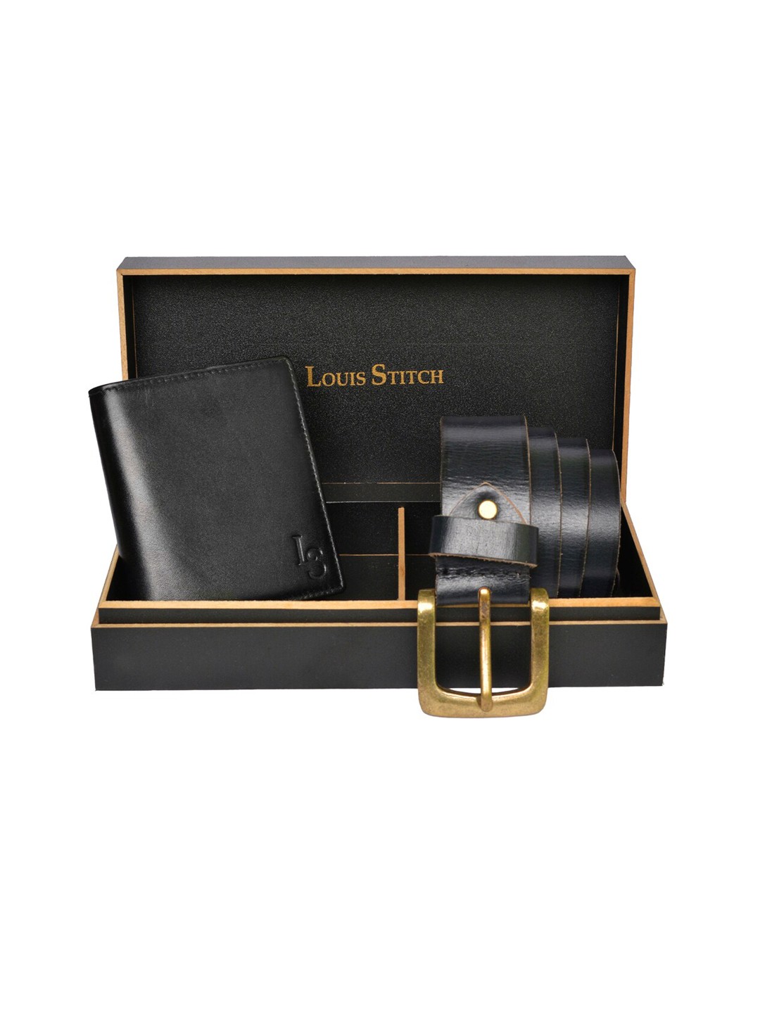 

LOUIS STITCH Men Black Genuine Italian Leather Accessory Gift Set