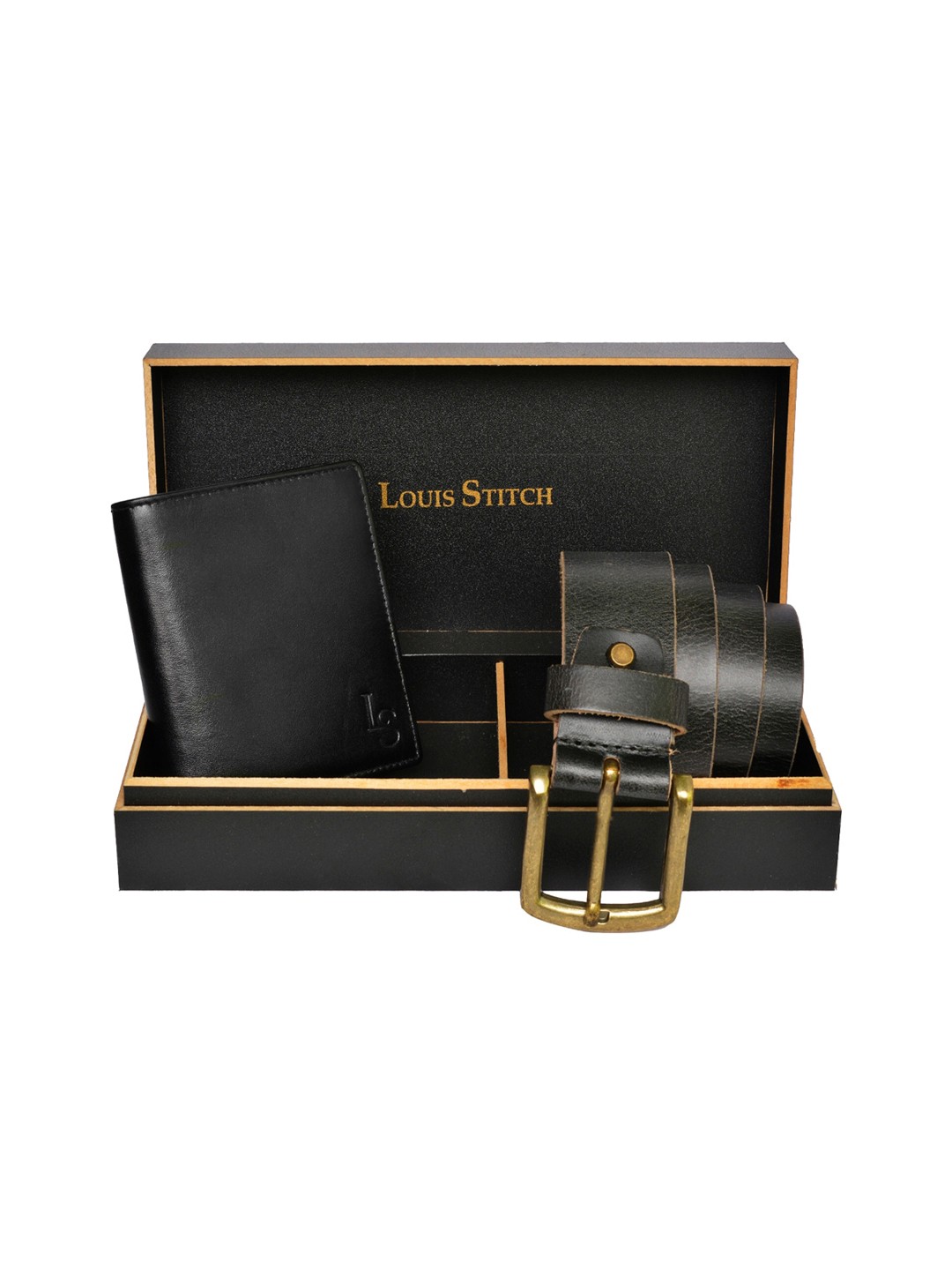 

LOUIS STITCH Men Black Solid Genuine Italian Leather Accessory Gift Set