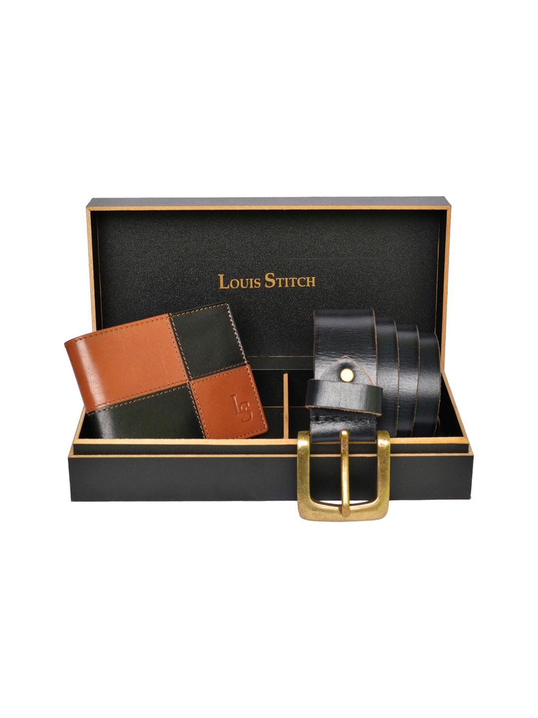 

LOUIS STITCH Men Black Solid Genuine Italian Leather Accessory Gift Set