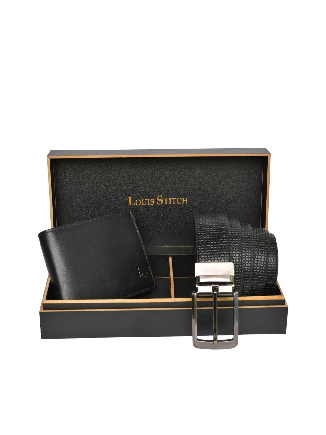 

LOUIS STITCH Men Black & Brown Genuine Italian Leather Accessory Gift Set