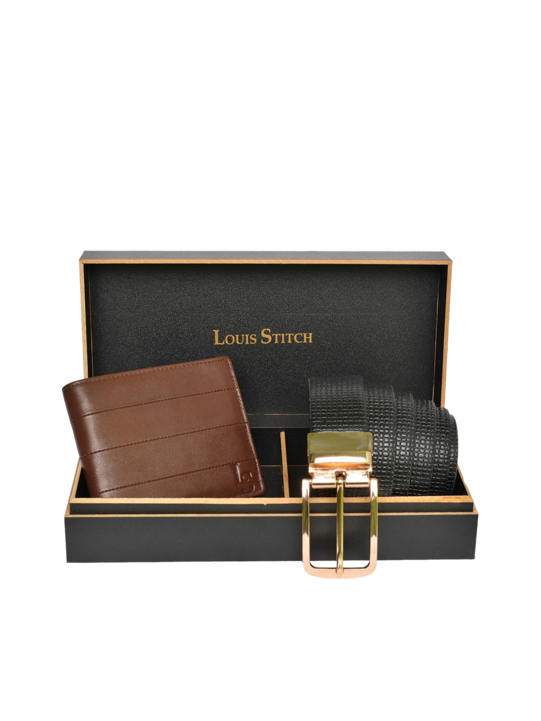 

LOUIS STITCH Men Brown & Black Genuine Italian Leather Accessory Gift Set