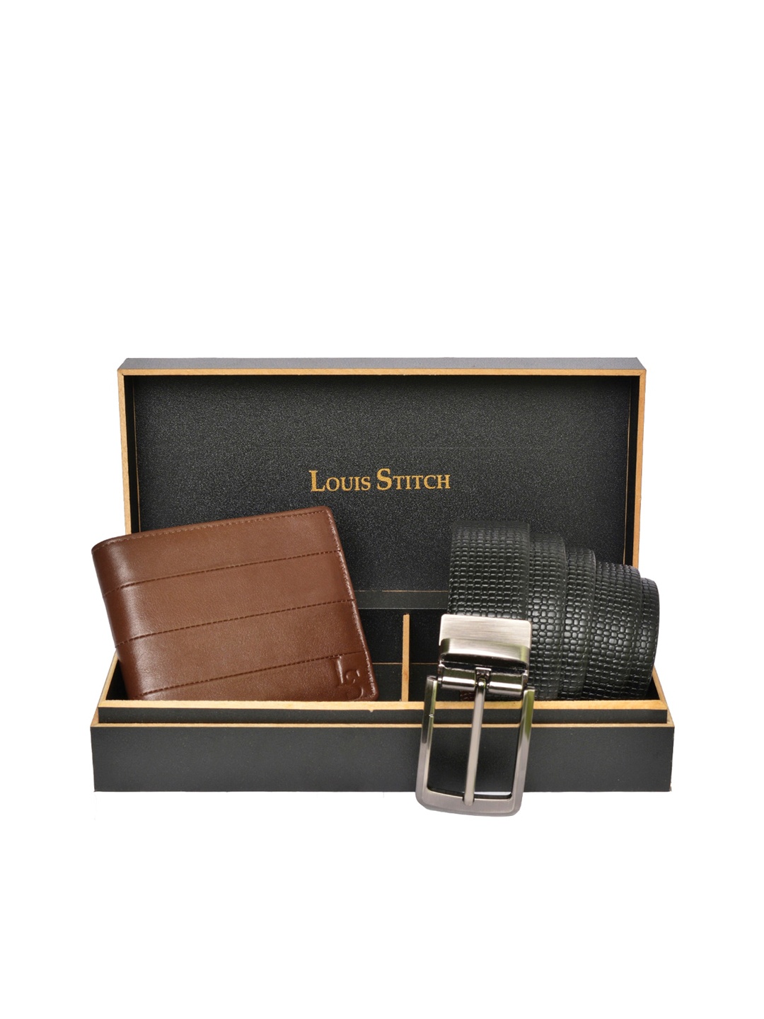 

LOUIS STITCH Men Brown & Black Genuine Italian Leather Accessory Gift Set