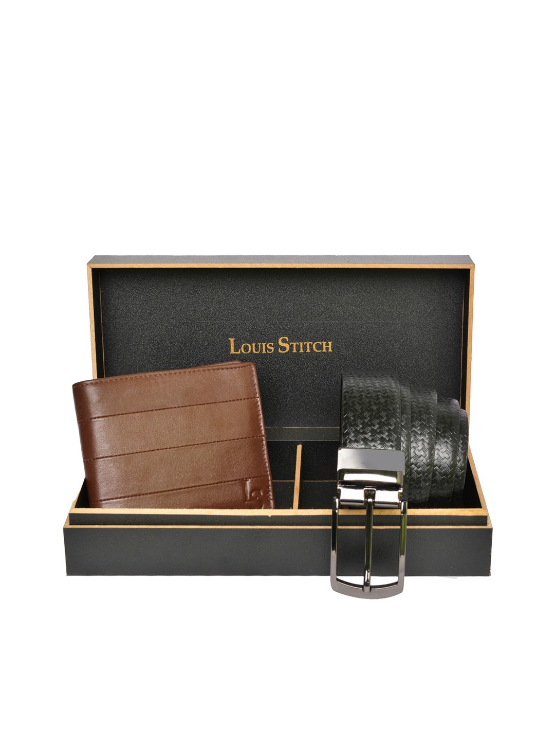 

LOUIS STITCH Men Brown & Black Genuine Italian Leather Accessory Gift Set