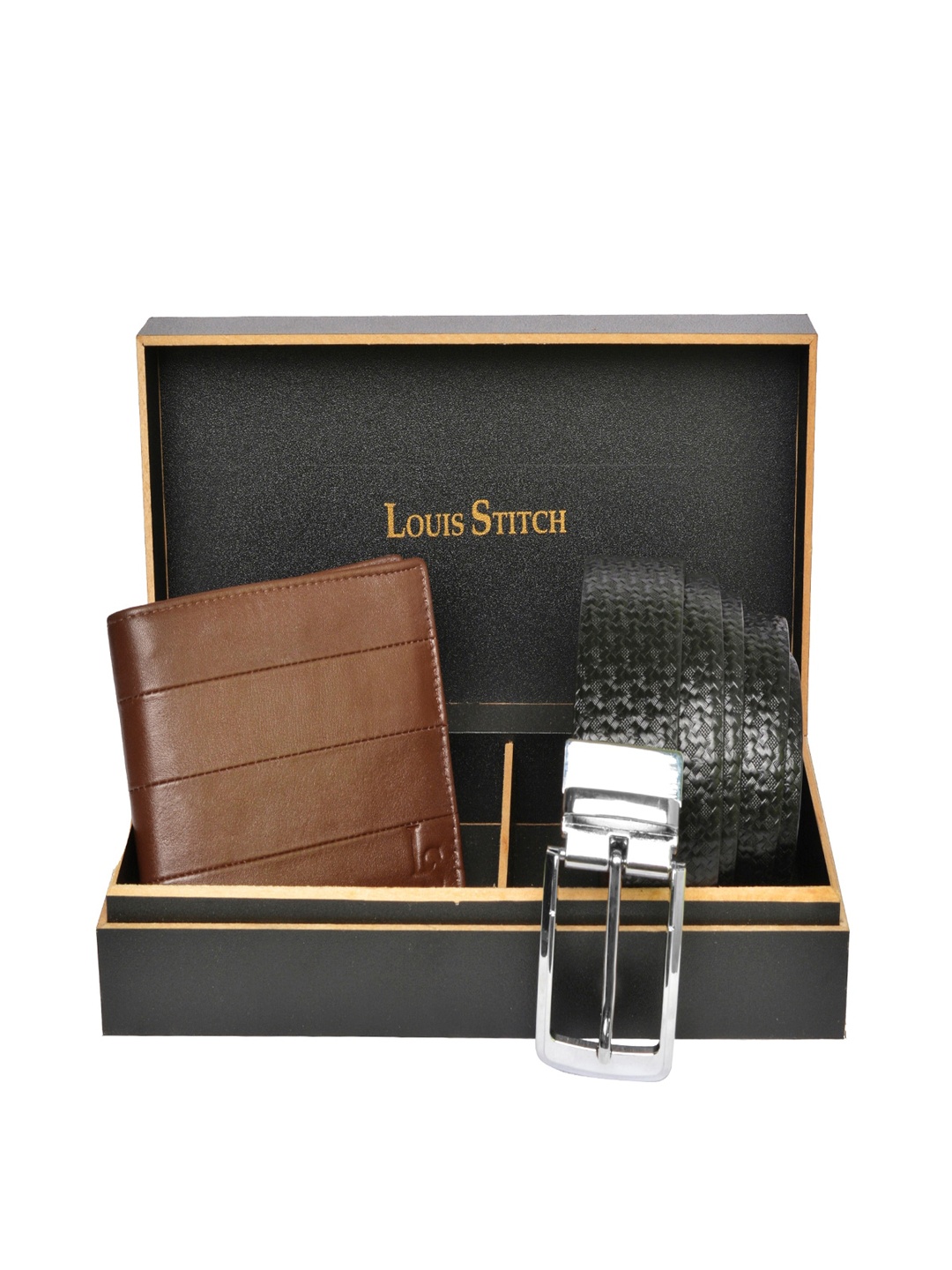 

LOUIS STITCH Men Brown & Black Genuine Italian Leather Accessory Gift Set