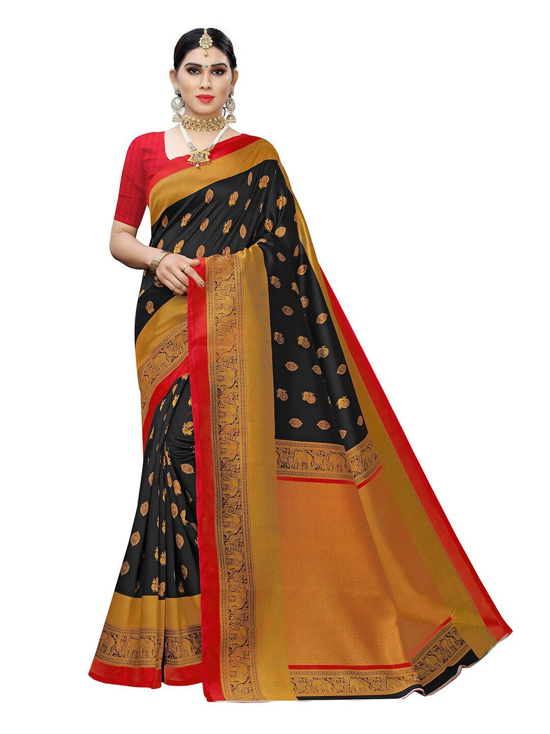 

MOKSHA DESIGNS Black & Red Ethnic Motifs Zari Pure Silk Kanjeevaram Saree