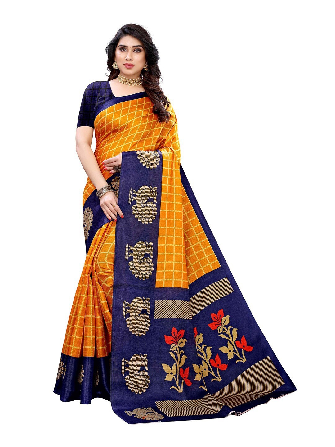 

MOKSHA DESIGNS Orange & Blue Checked Pure Silk Kanjeevaram Saree