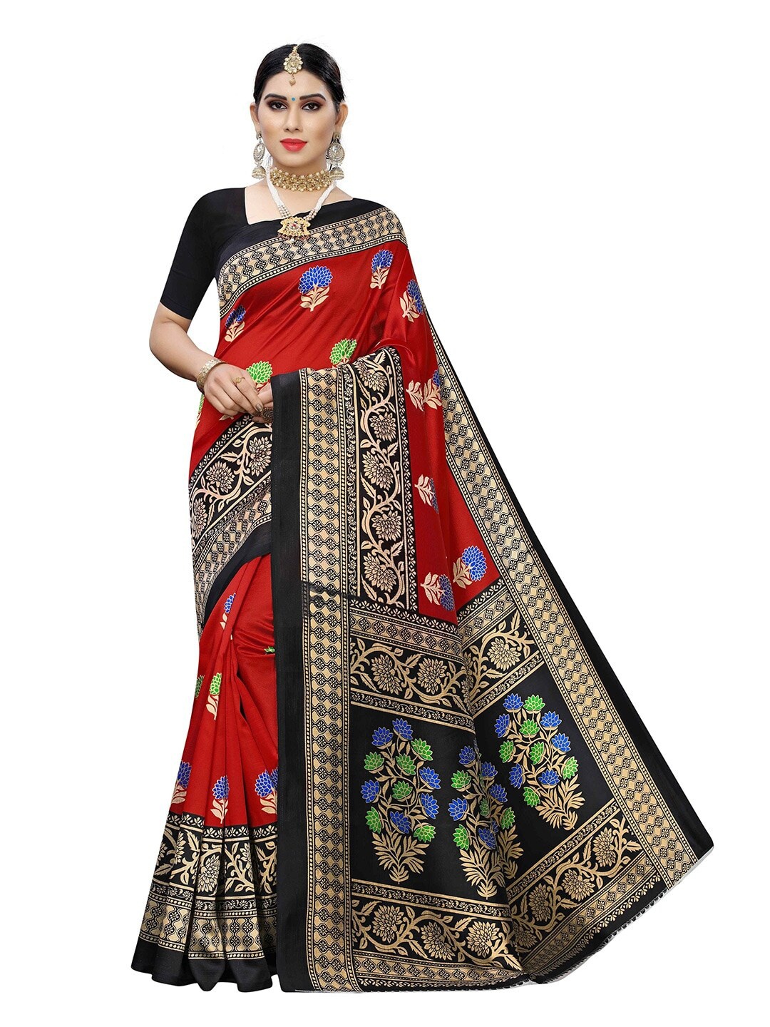 

MOKSHA DESIGNS Red & Black Ethnic Motifs Kanjeevaram Pure Silk Saree