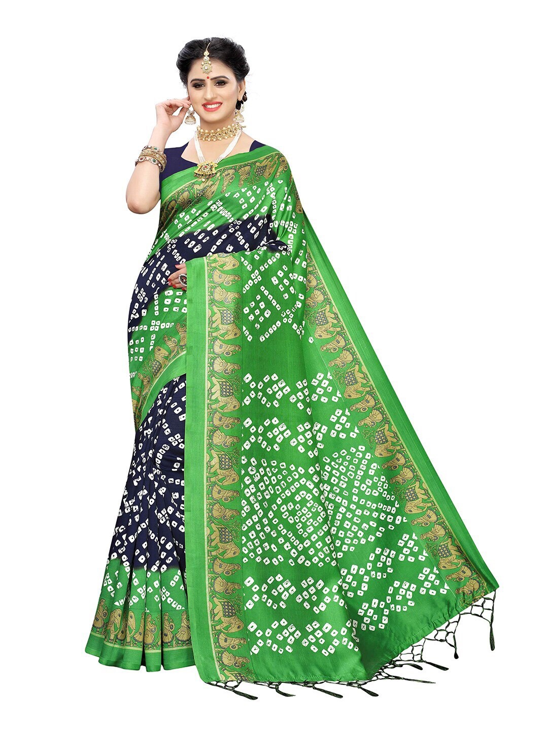 

MOKSHA DESIGNS Navy Blue & Green Bandhani Pure Silk Kanjeevaram Saree