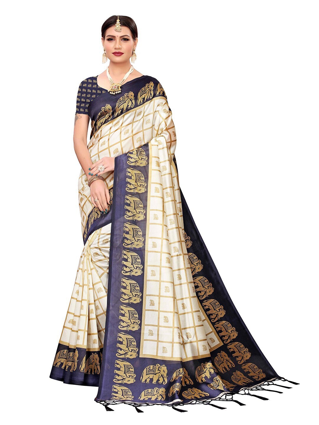 

MOKSHA DESIGNS Navy Blue & White Checked Pure Silk Kanjeevaram Saree