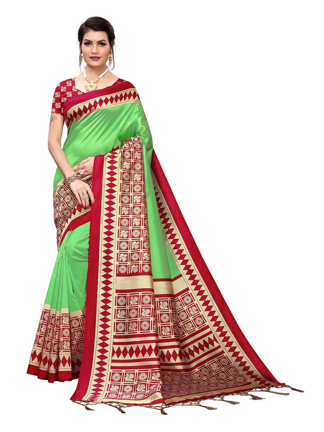

MOKSHA DESIGNS Red & Green Pure Silk Banarasi Saree