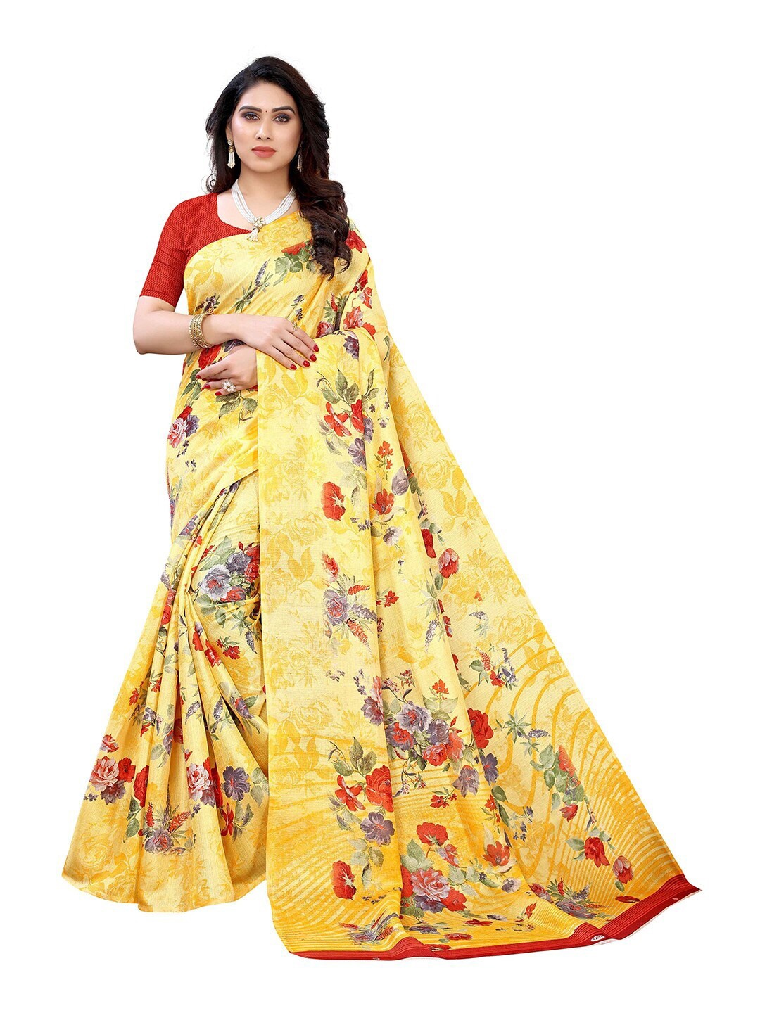 

MOKSHA DESIGNS Yellow & Red Floral Pure Silk Kanjeevaram Saree