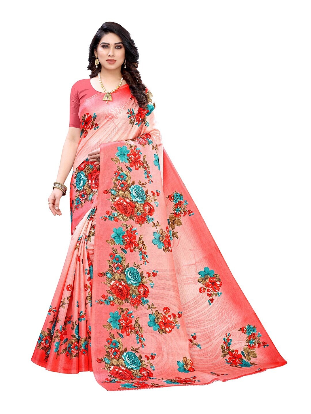 

MOKSHA DESIGNS Peach-Coloured & Red Floral Pure Silk Kanjeevaram Saree