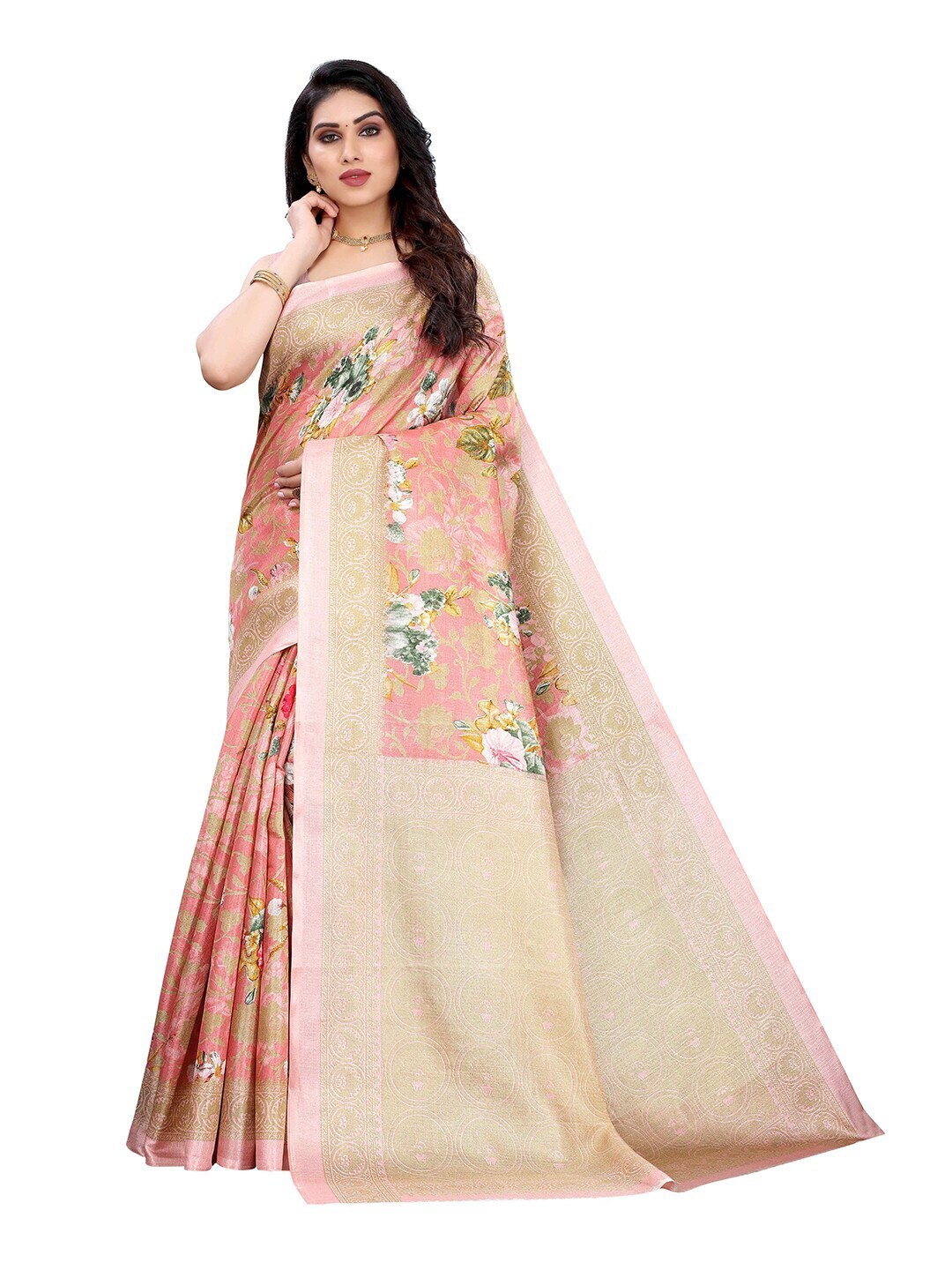 

MOKSHA DESIGNS Pink & Gold-Coloured Floral Zari Pure Silk Kanjeevaram Saree