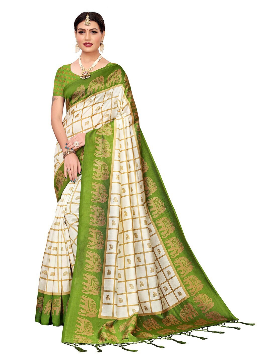 

MOKSHA DESIGNS Olive Green & Cream-Coloured Ethnic Motifs Zari Pure Silk Kanjeevaram Saree