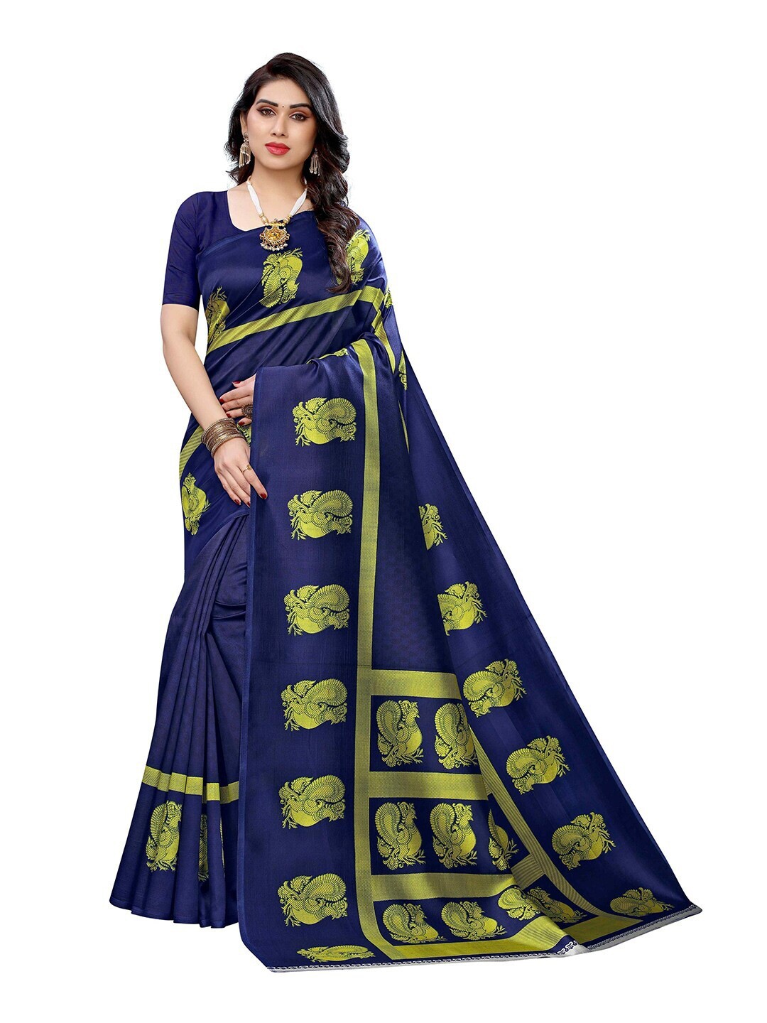 

MOKSHA DESIGNS Navy Blue & Green Ethnic Motifs Pure Silk Kanjeevaram Saree