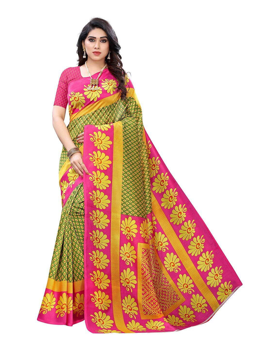 

MOKSHA DESIGNS Pink & Green Ethnic Motifs Kanjeevaram Pure Silk Saree