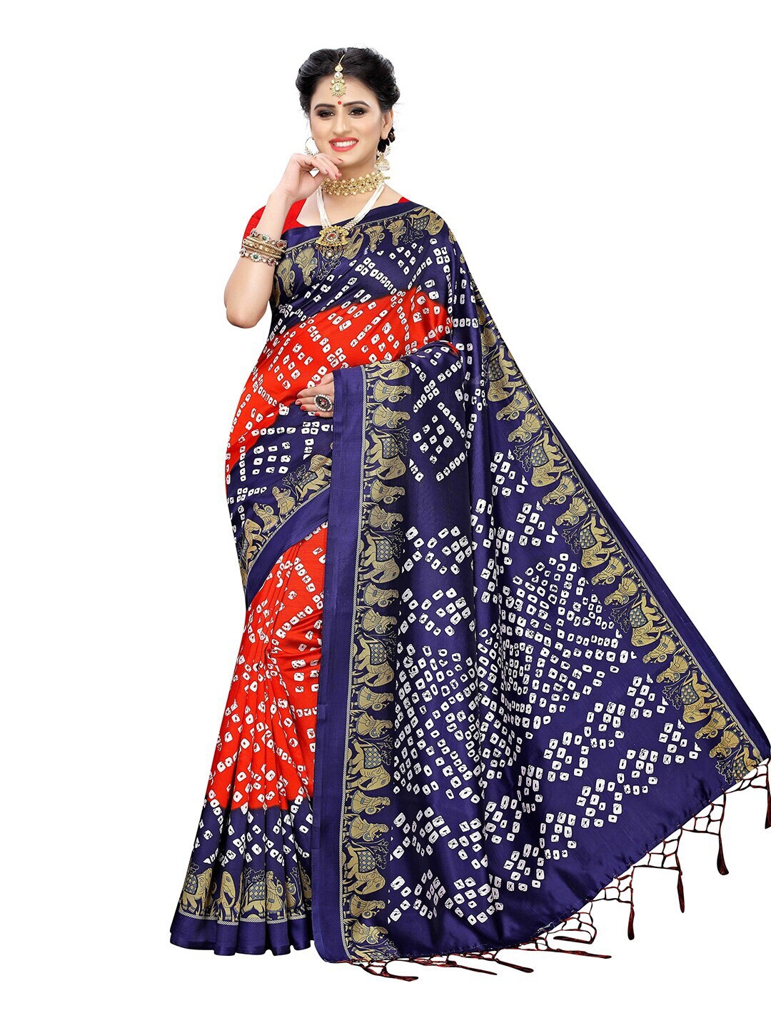 

MOKSHA DESIGNS Navy Blue & Red Bandhani Printed Pure Silk Kanjeevaram Saree