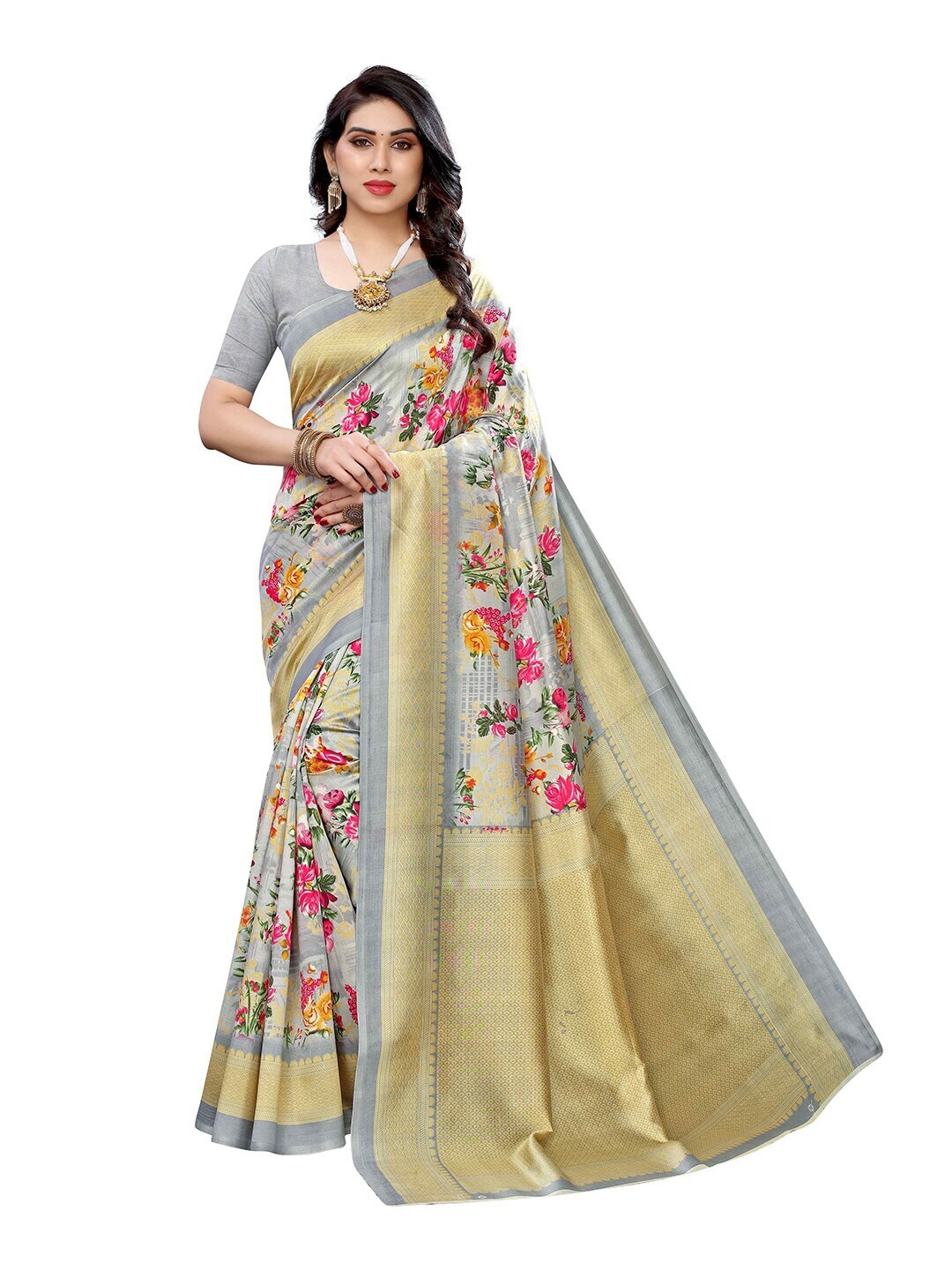 

MOKSHA DESIGNS Grey & Pink Floral Zari Pure Silk Banarasi Saree
