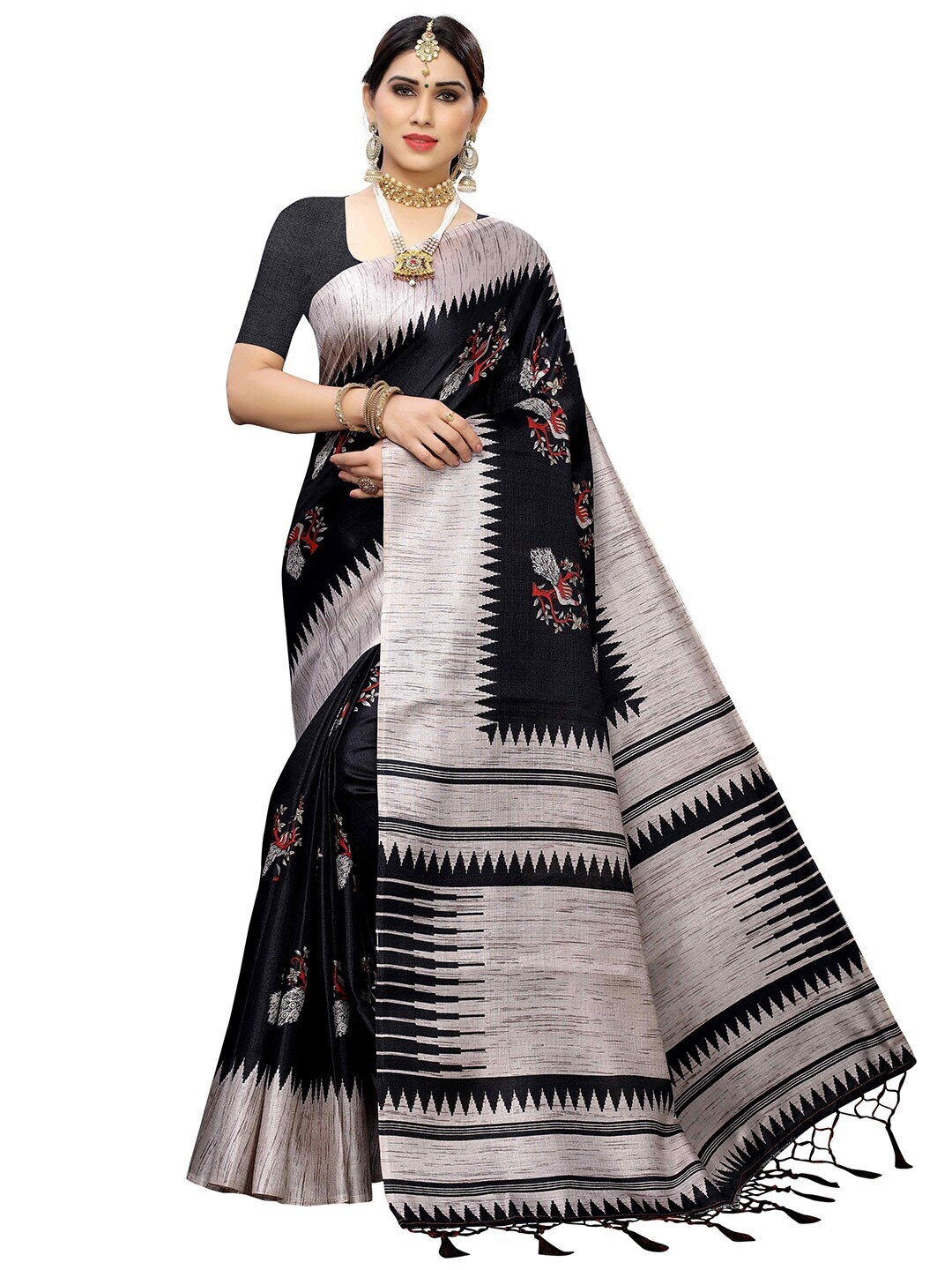 

MOKSHA DESIGNS Black & Taupe Ethnic Motifs Pure Silk Kanjeevaram Saree