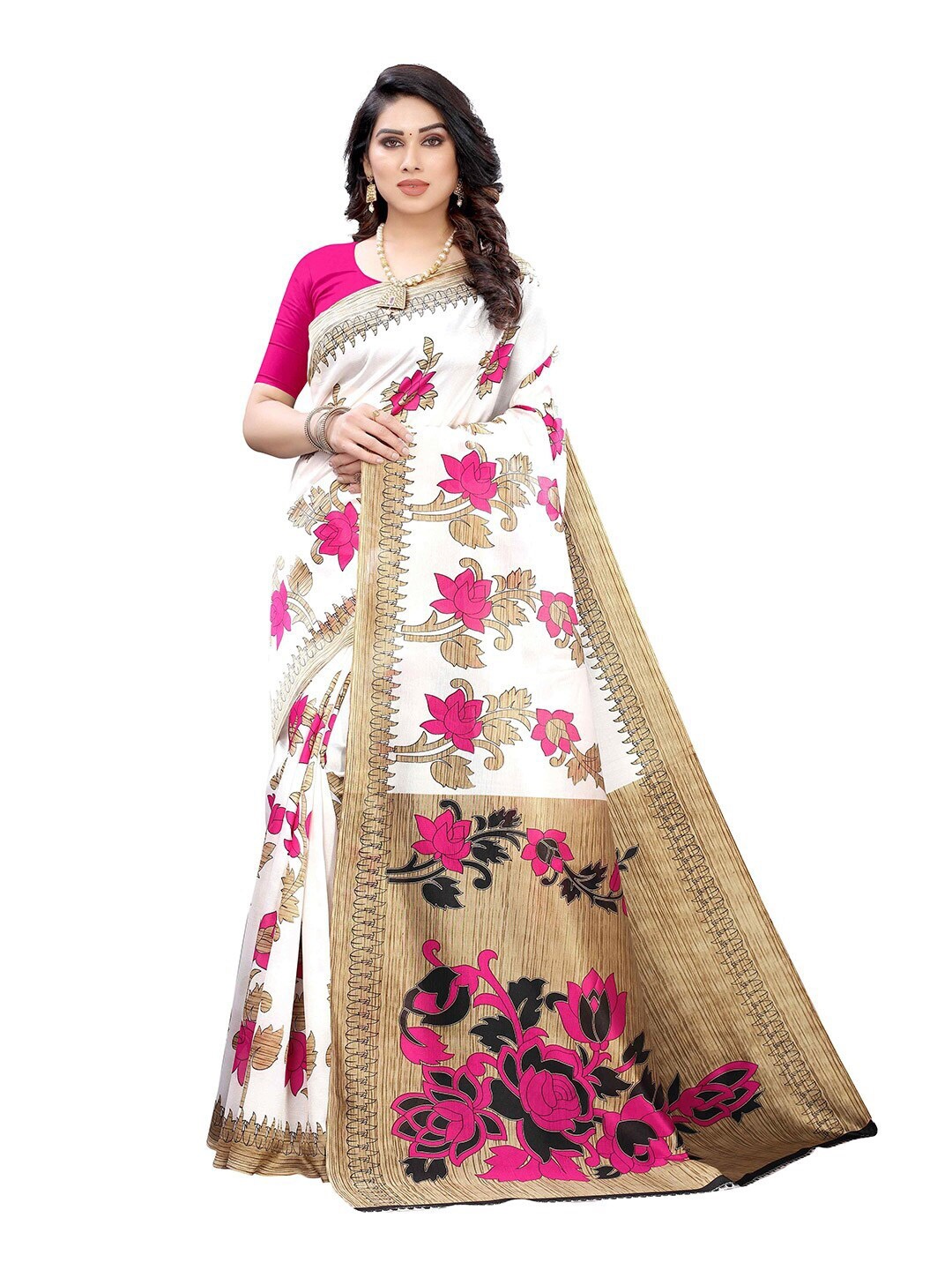 

MOKSHA DESIGNS Pink & Gold-Toned Floral Printed Pure Silk Handloom Saree