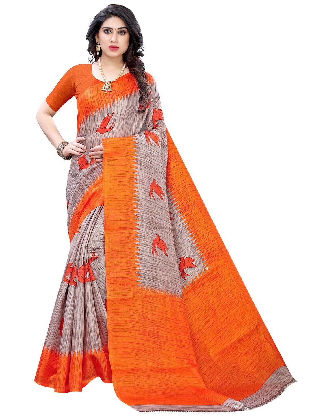 

MOKSHA DESIGNS Orange Floral Pure Silk Kanjeevaram Saree