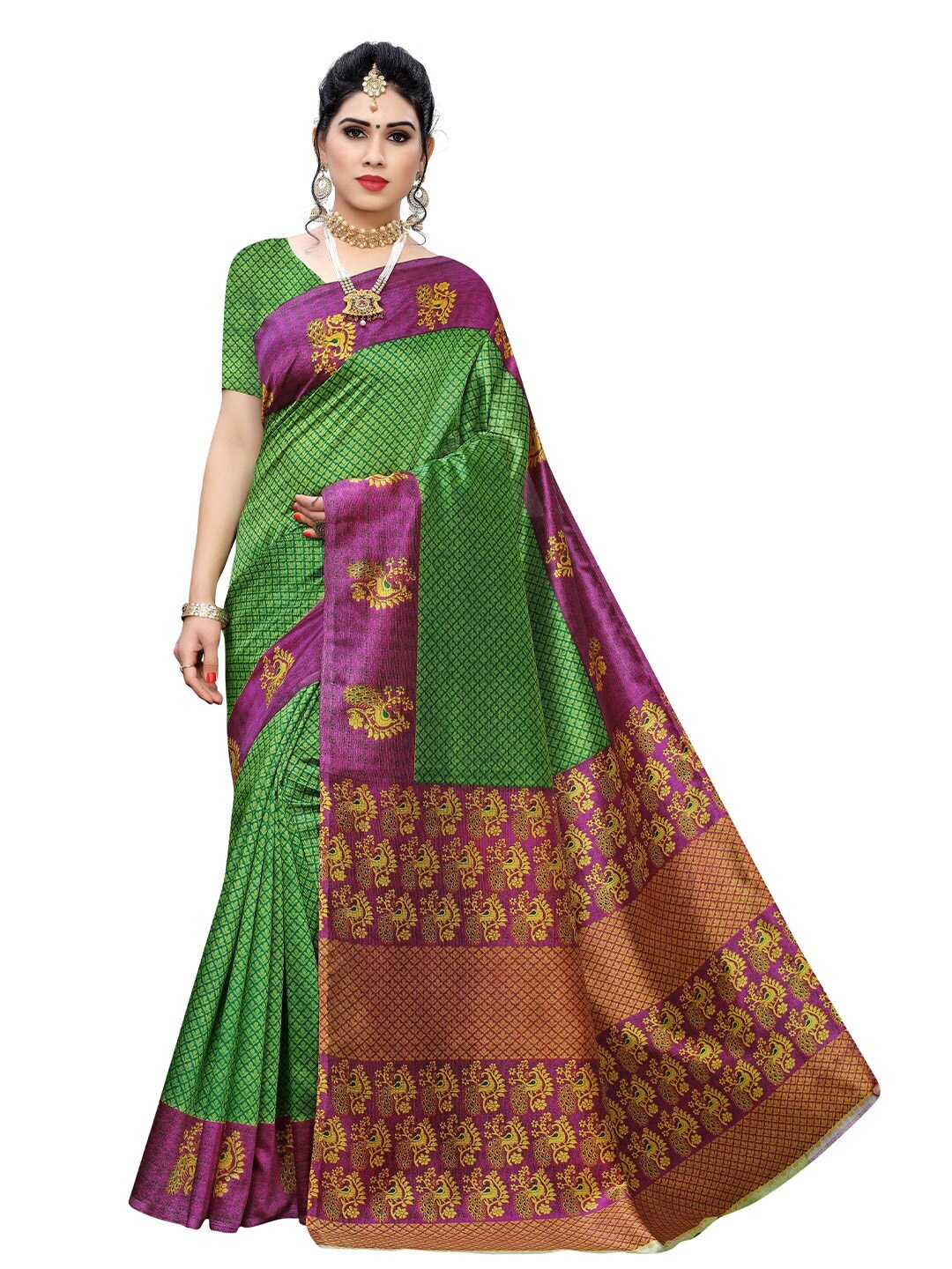 

MOKSHA DESIGNS Green & Magenta Woven Design Pure Silk Banarasi Saree