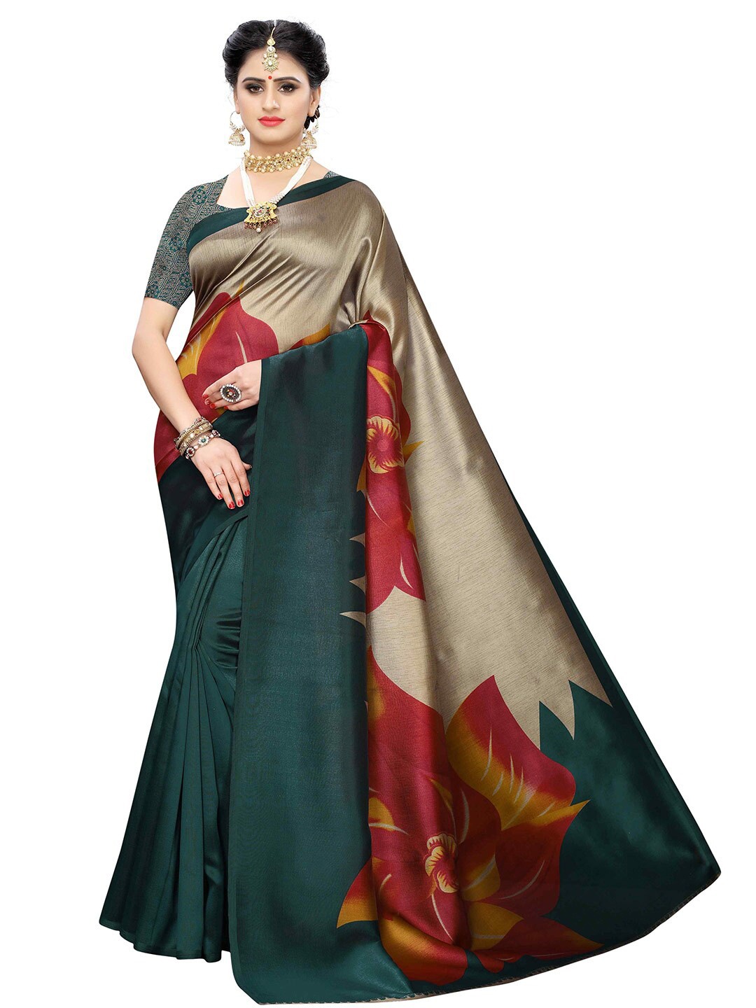 

MOKSHA DESIGNS Teal & Red Floral Pure Silk Banarasi Saree