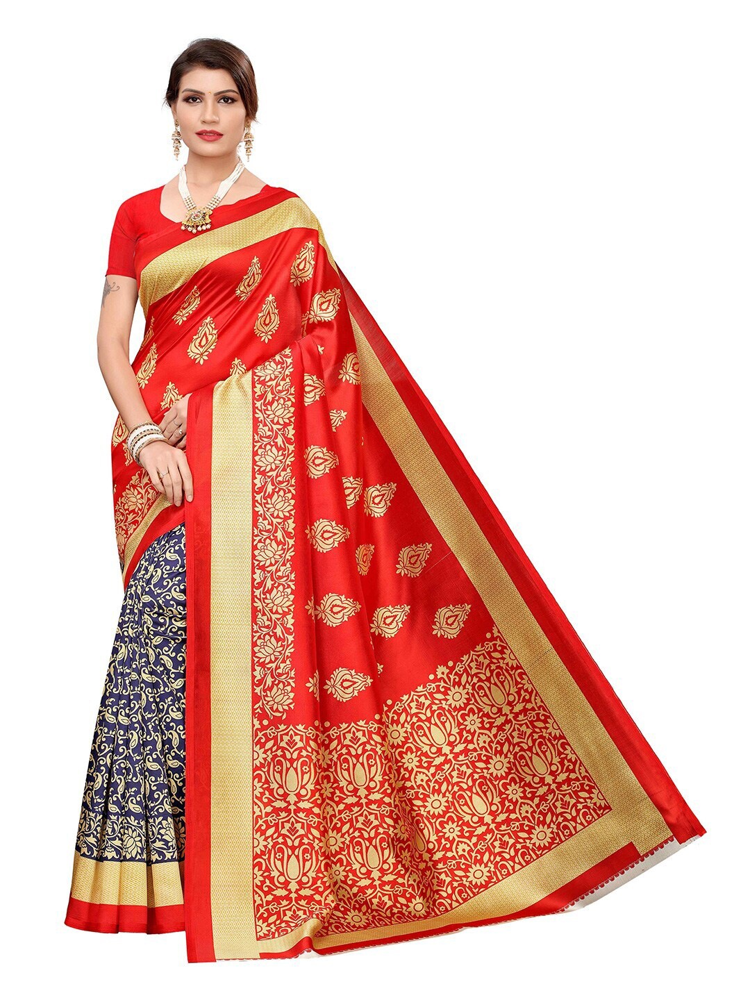 

MOKSHA DESIGNS Red & Blue Ethnic Motifs Kanjeevaram Pure Silk Saree