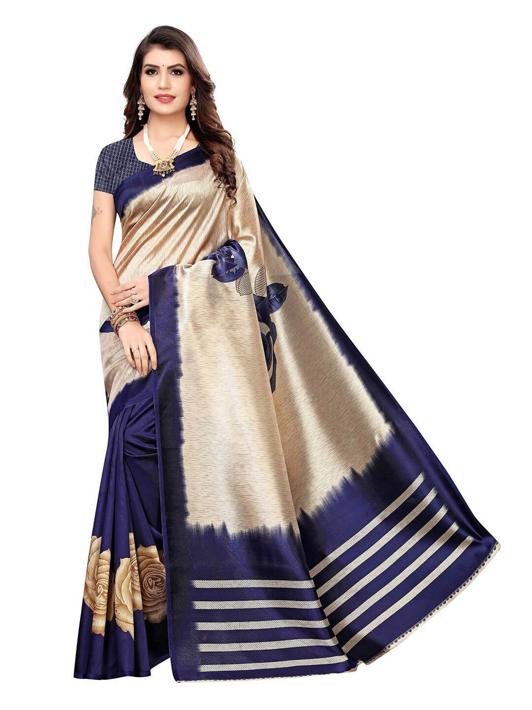 

MOKSHA DESIGNS Navy Blue & Gold-Toned Ethnic Motifs Pure Silk Banarasi Saree