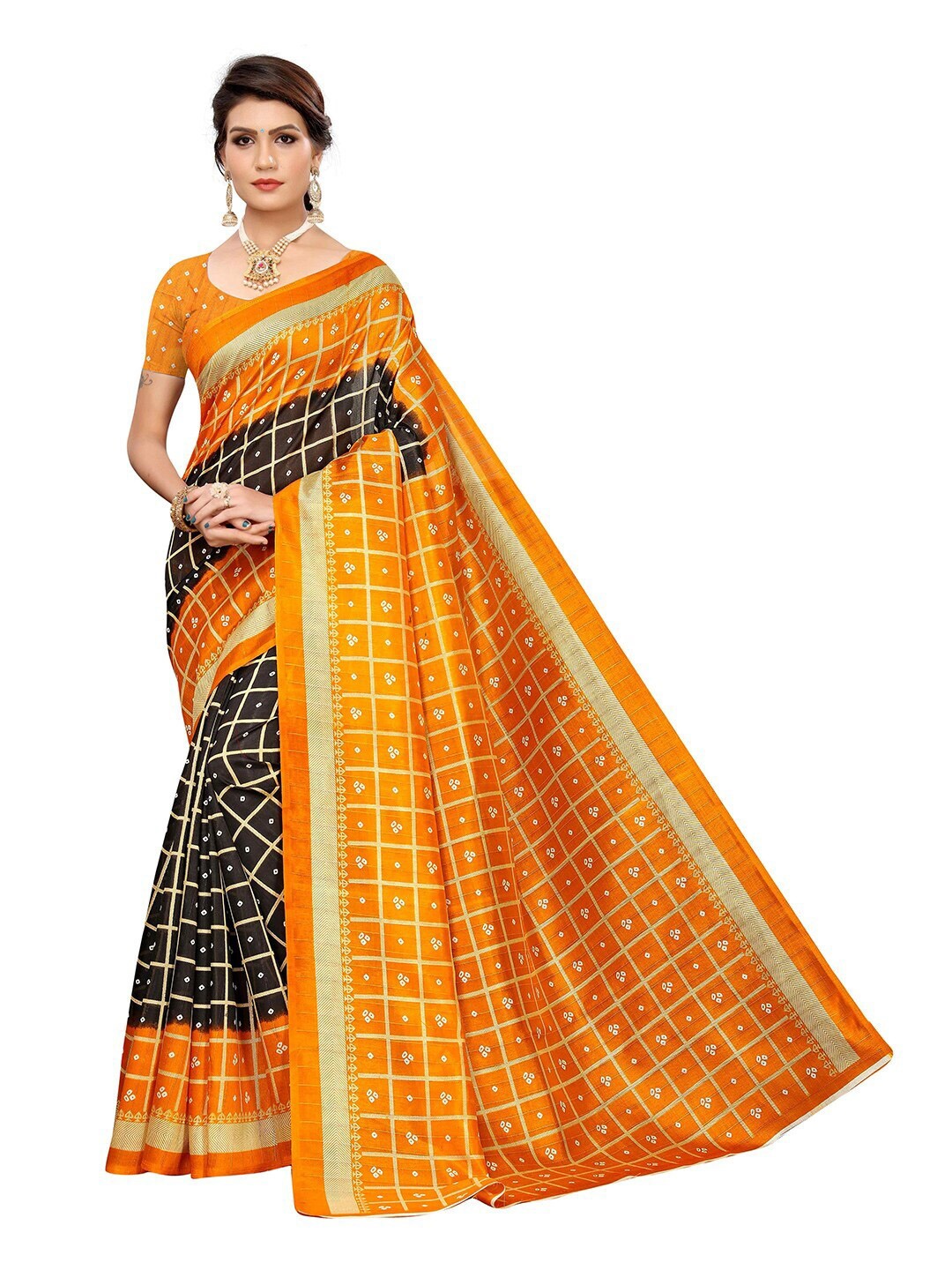 

MOKSHA DESIGNS Black & Orange Checked Zari Pure Silk Banarasi Saree