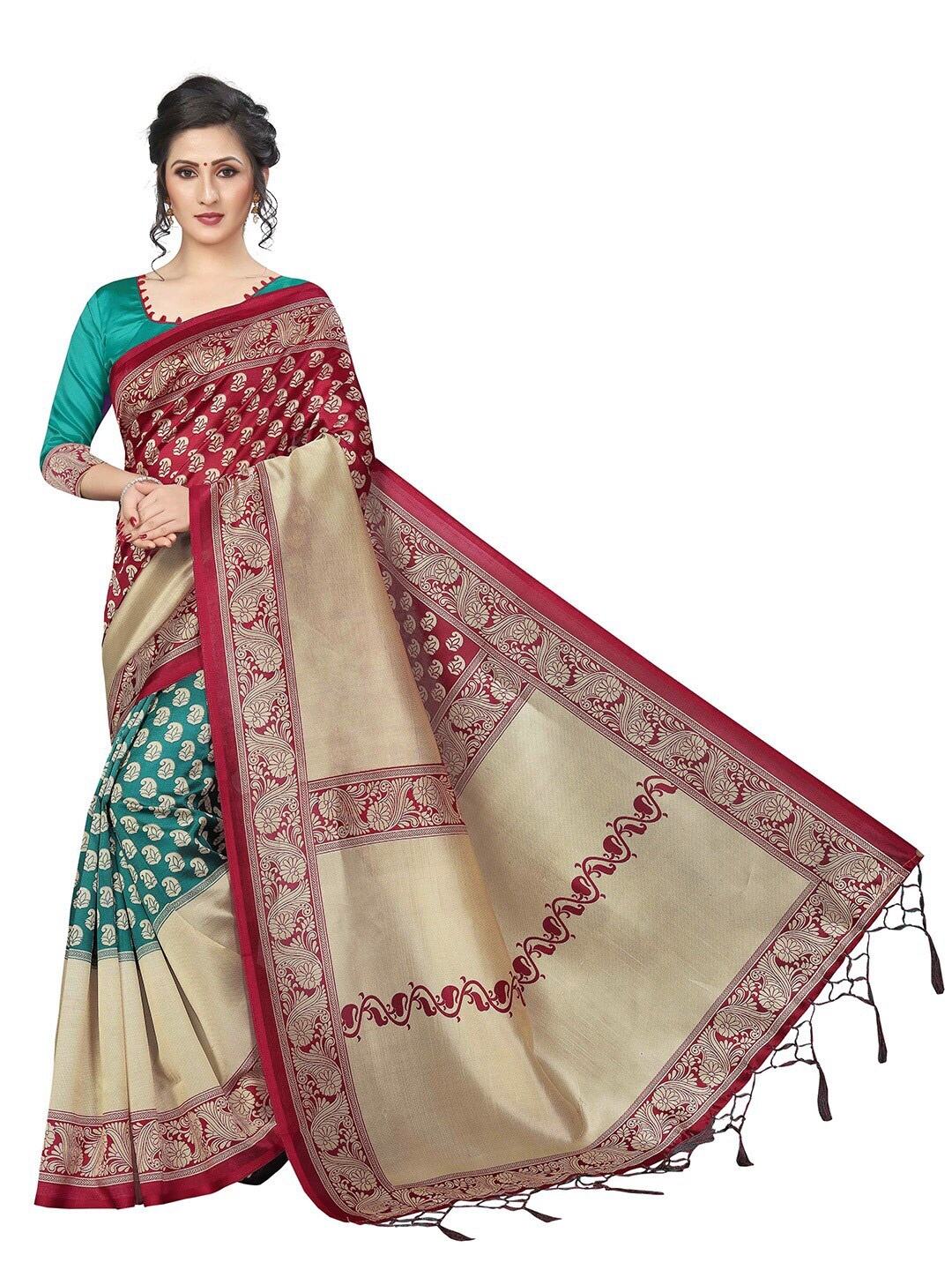 

MOKSHA DESIGNS Teal & Red Ethnic Motifs Pure Silk Banarasi Saree
