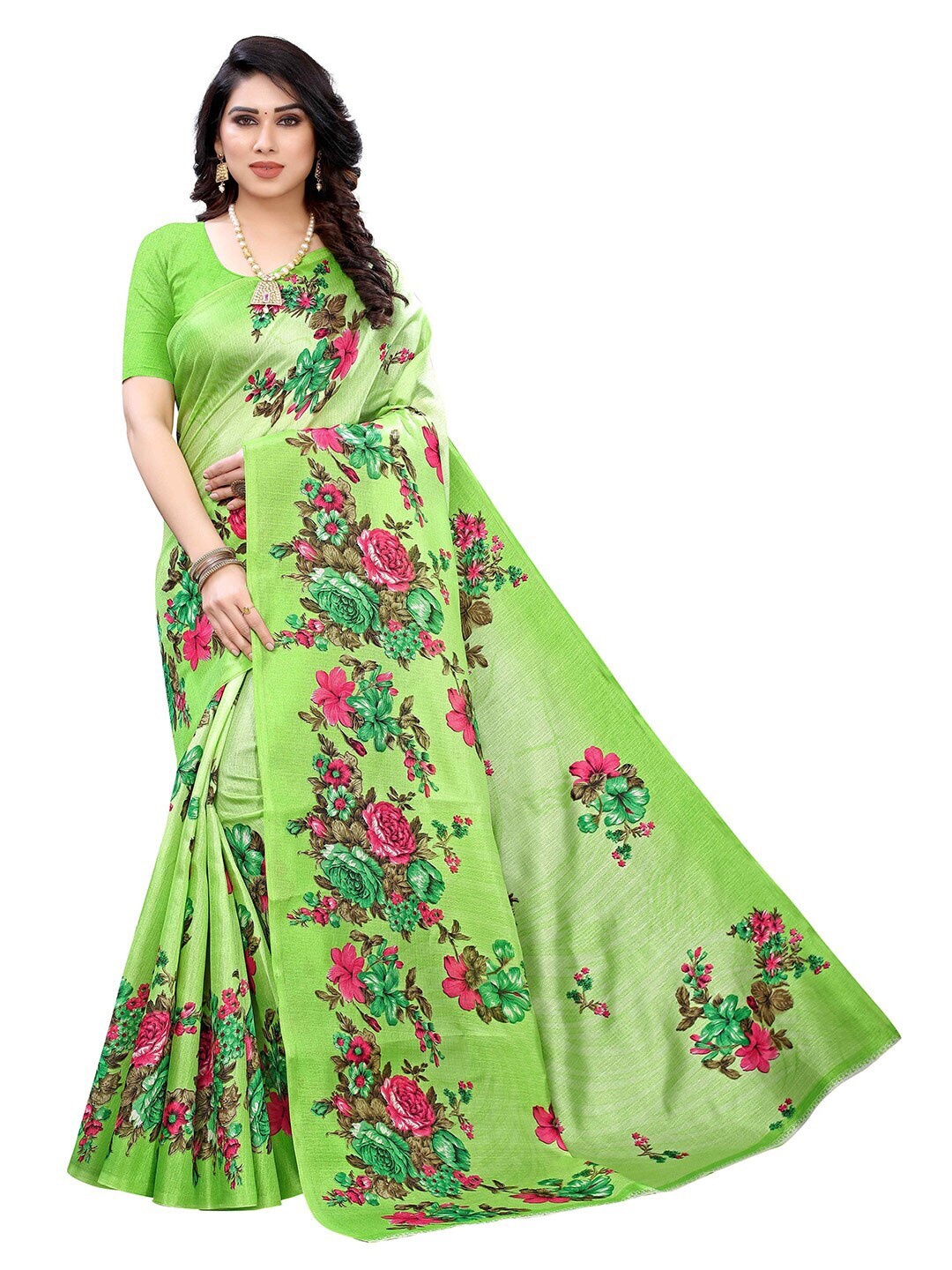 

MOKSHA DESIGNS Green & Pink Floral Pure Silk Kanjeevaram Saree