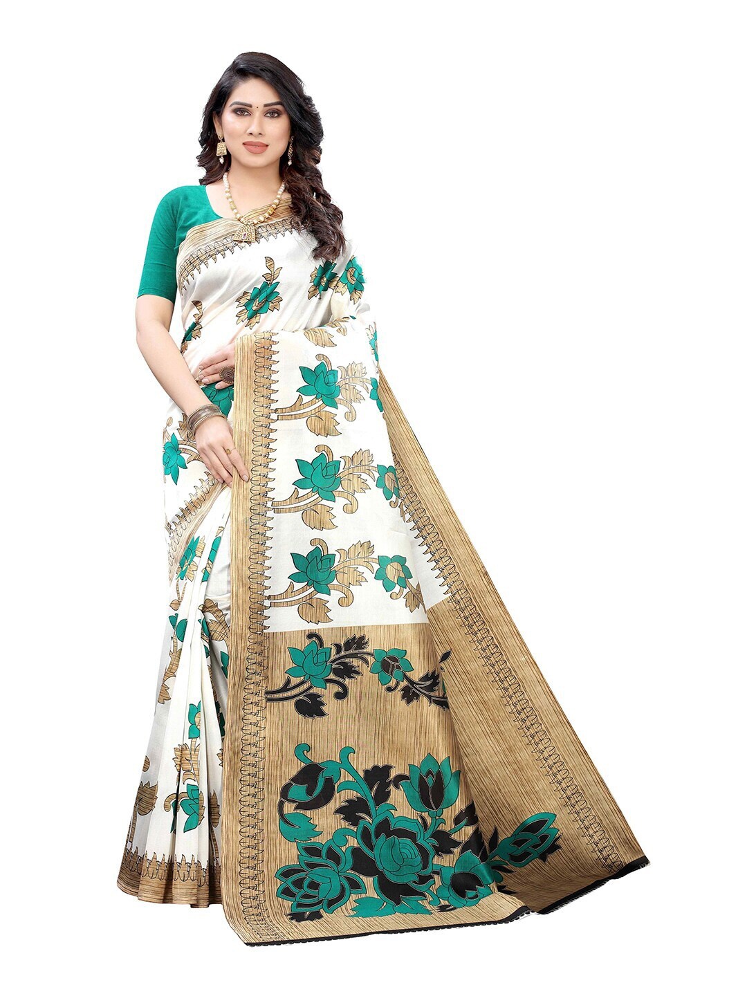 

MOKSHA DESIGNS White & Green Floral Printed Pure Silk Banarasi Saree