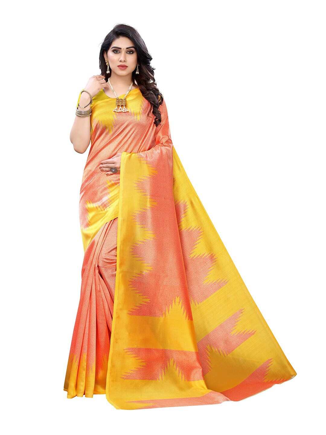 

MOKSHA DESIGNS Orange & Yellow Printed Pure Silk Kanjeevaram Saree