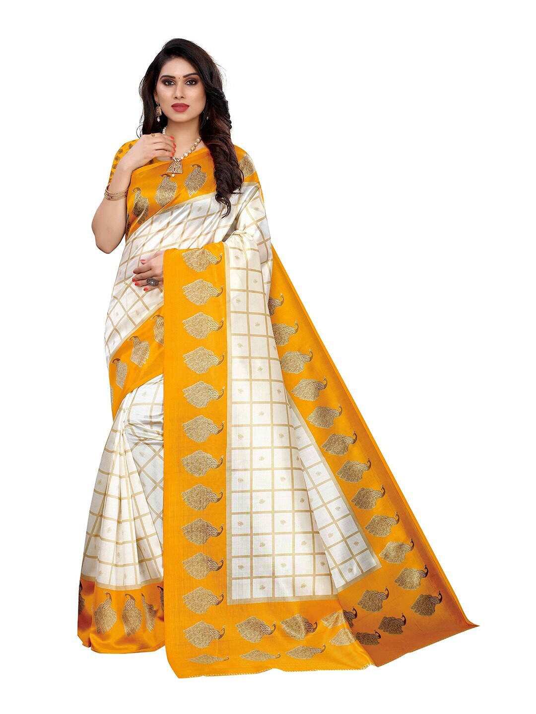 

MOKSHA DESIGNS White & Yellow Checked Pure Silk Banarasi Saree