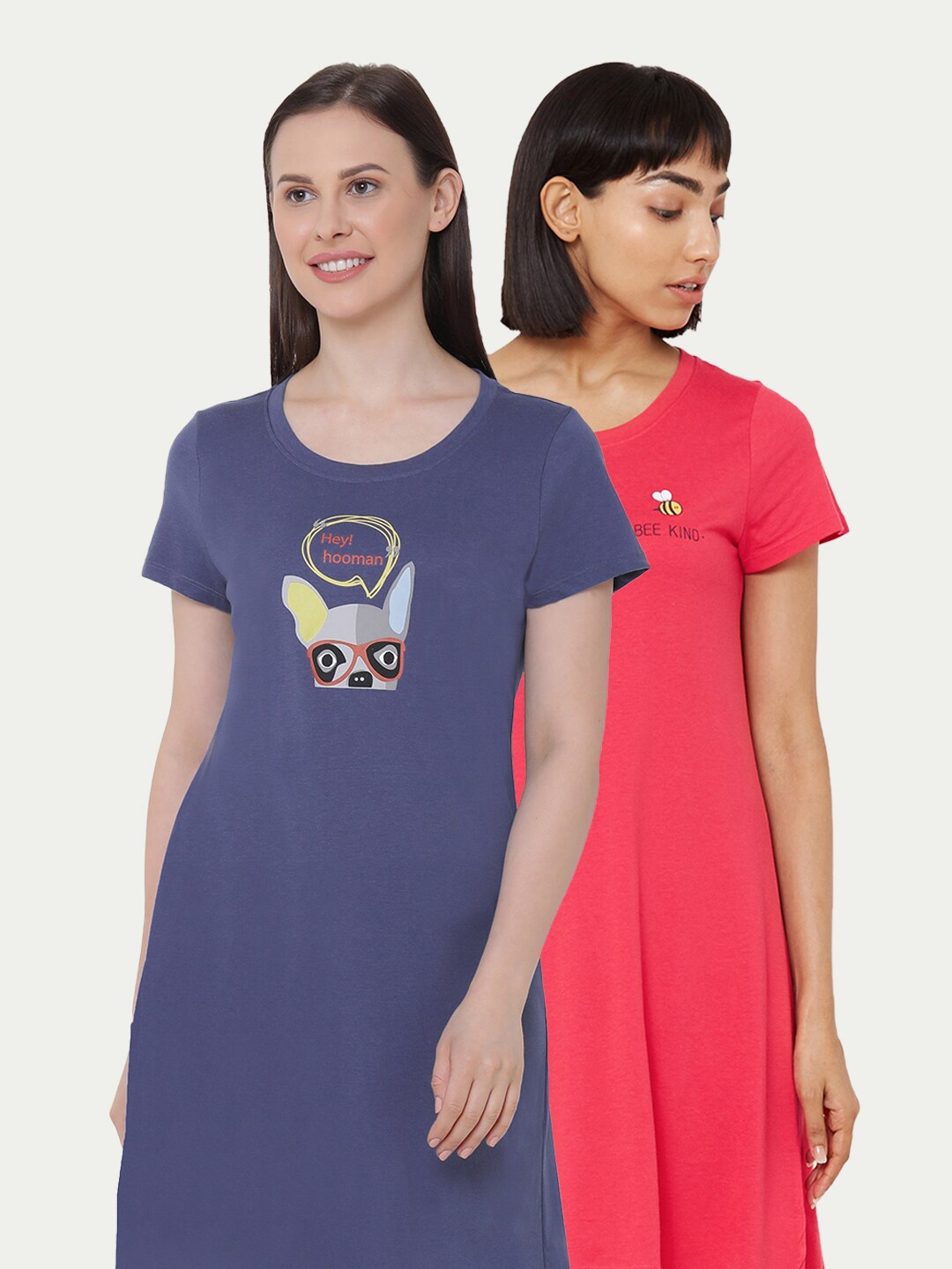 

Soie Pack of 2 Printed Knee Length Nightdress, Blue
