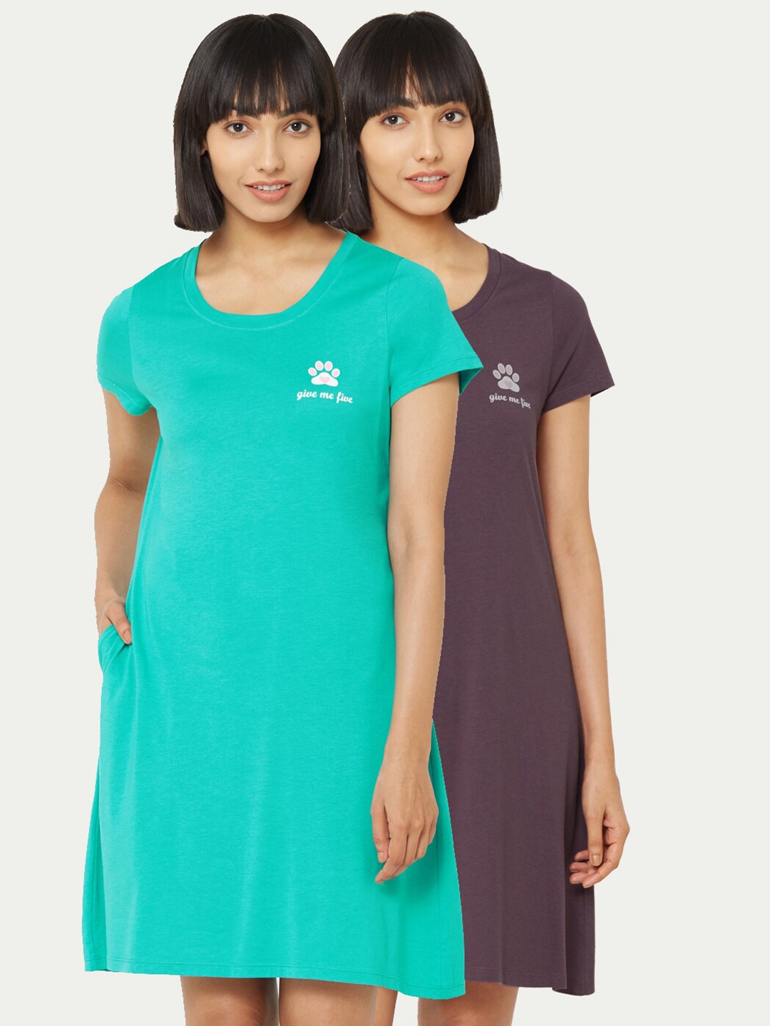 

Soie Pack of 2 Printed Knee Length Nightdress, Teal