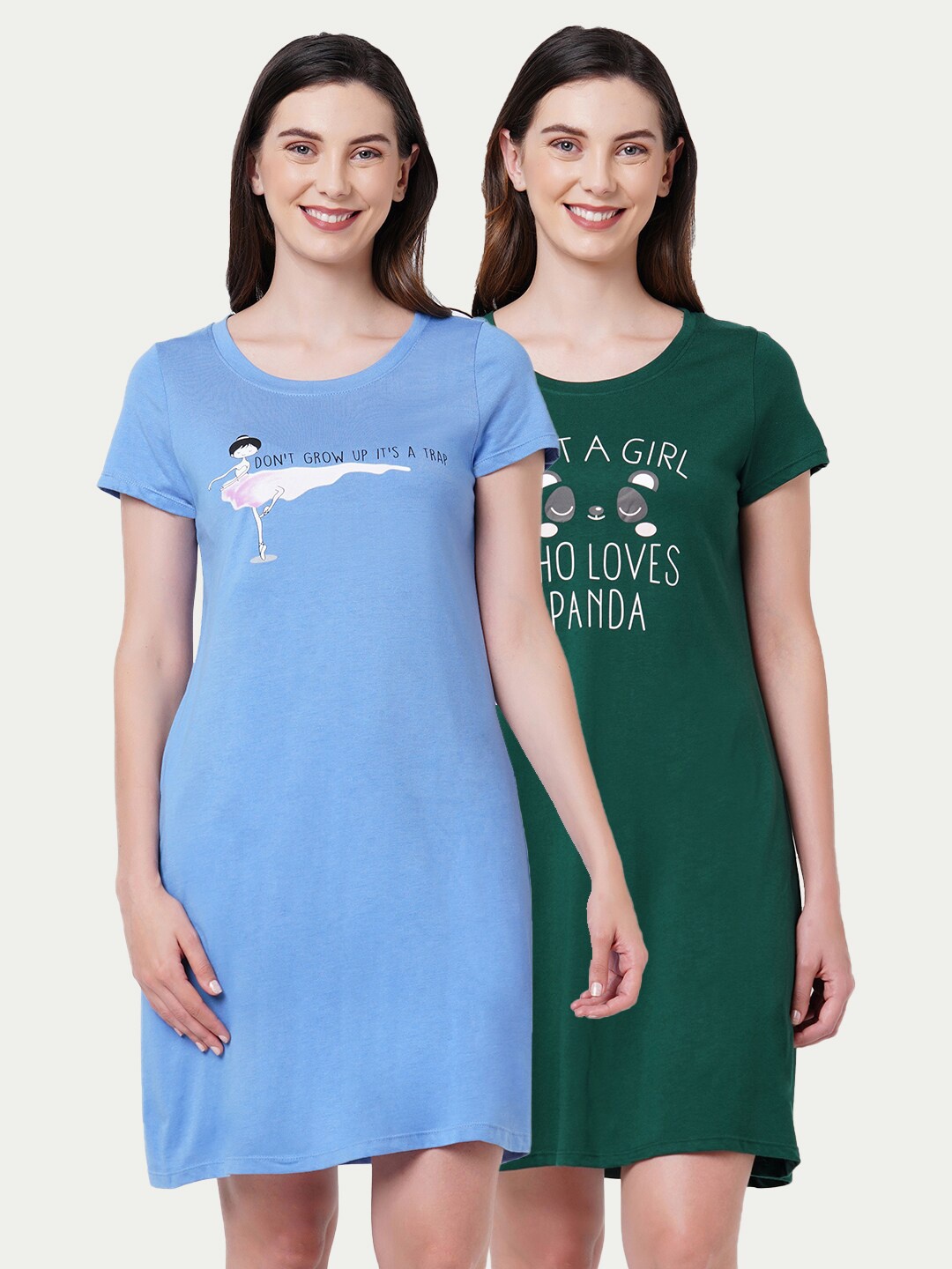 

Soie Pack Of 2 Blue Green Printed Knee Length Nightdress