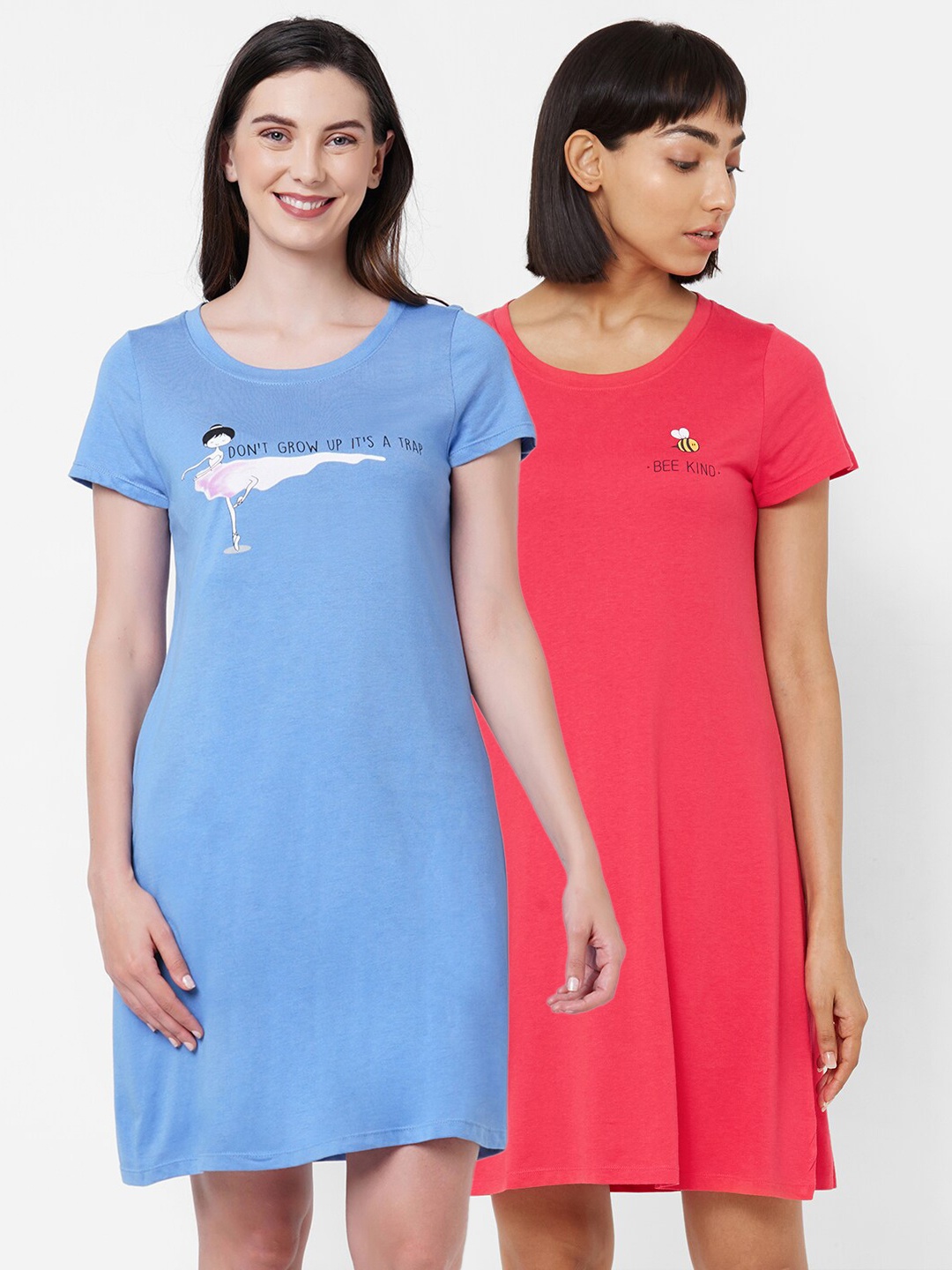 

Soie Pack of 2 Blue Coral Printed Cotton Modal Knee Length Nightdress