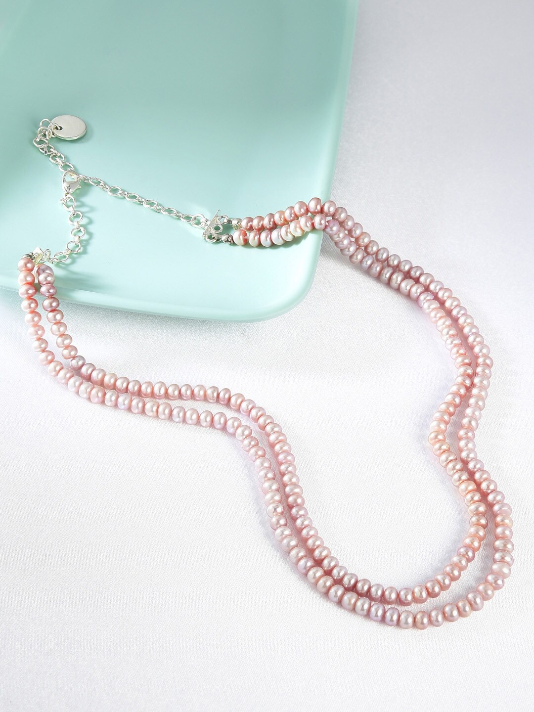 

Zaveri Pearls Pink & Silver-Plated Freshwater Button Pearl Layered Necklace