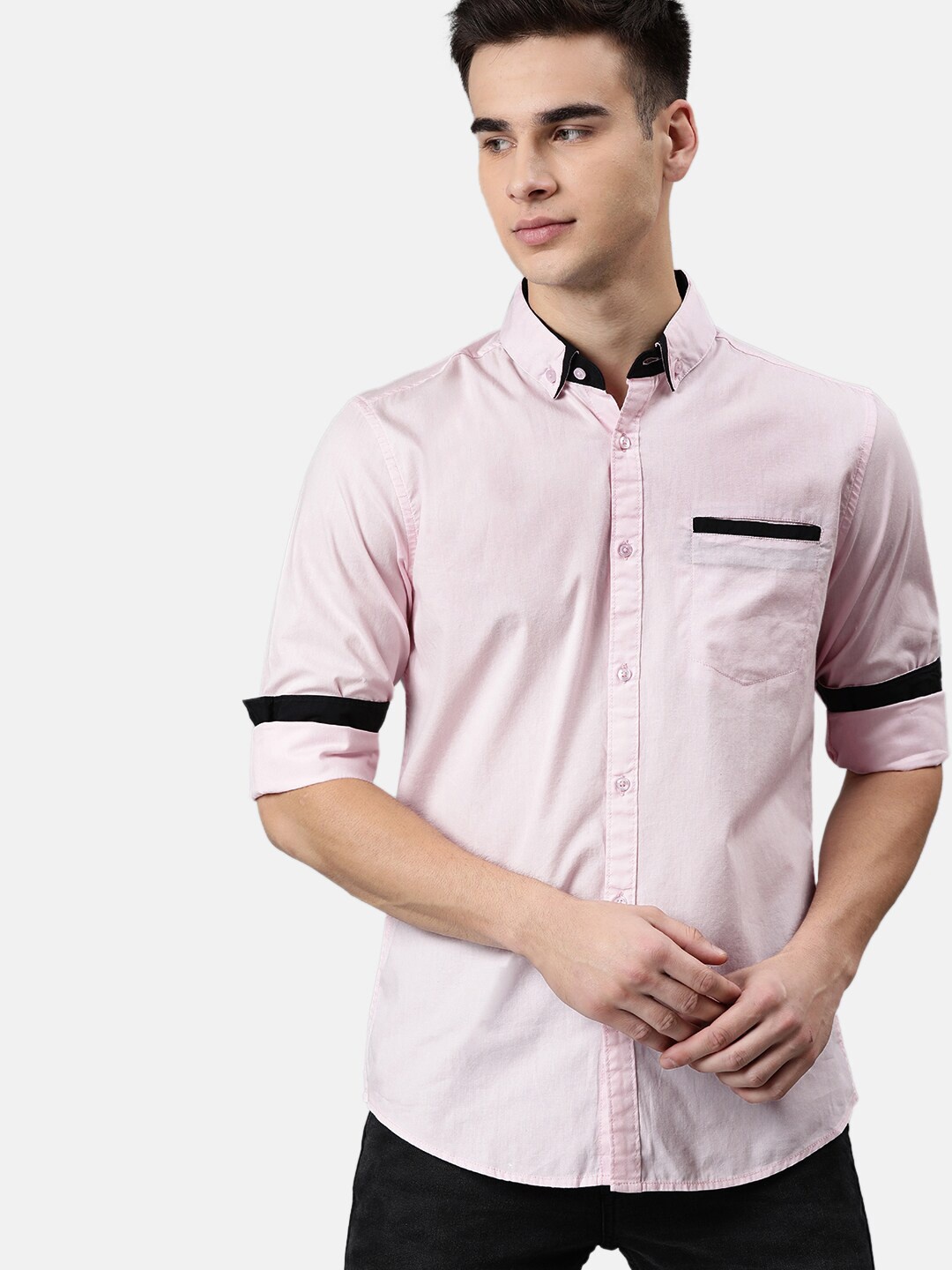 

IVOC Men Pink Pure Cotton Solid Colourblocked Slim Fit Casual Shirt