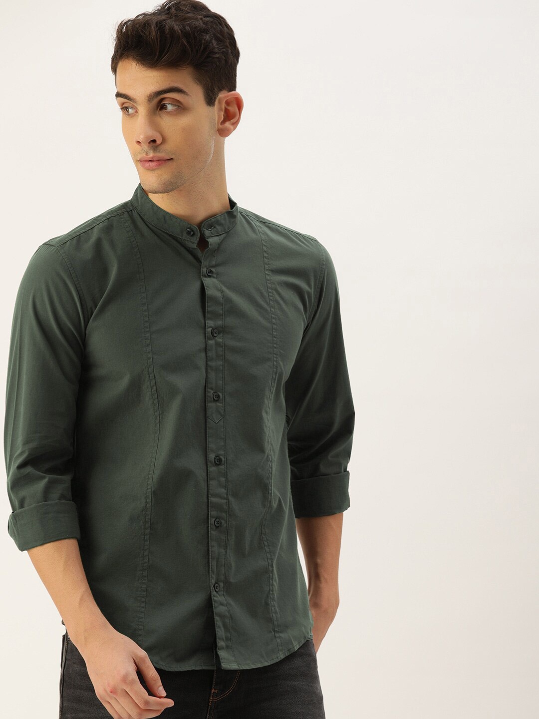 

IVOC Men Olive Green Slim Fit Opaque Cotton Casual Shirt