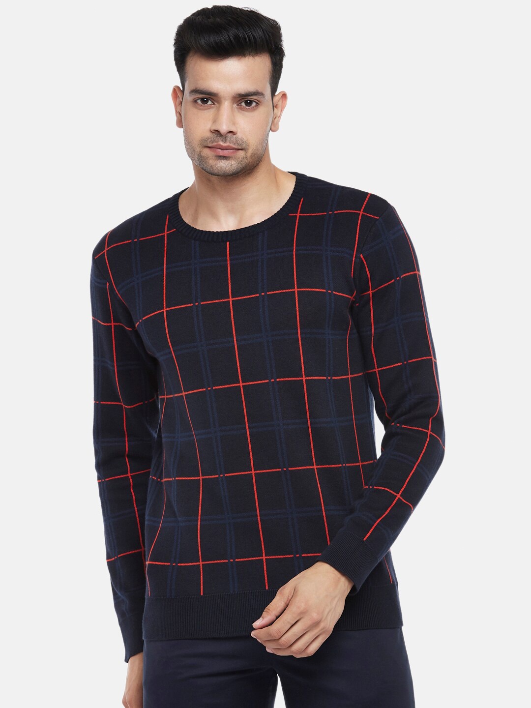 

BYFORD by Pantaloons Men Navy Blue Checked Pullover