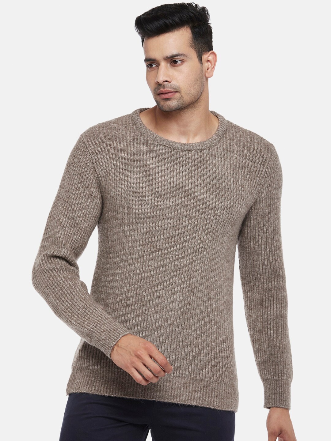 

BYFORD by Pantaloons Men Beige Ribbed Acrylic Pullover