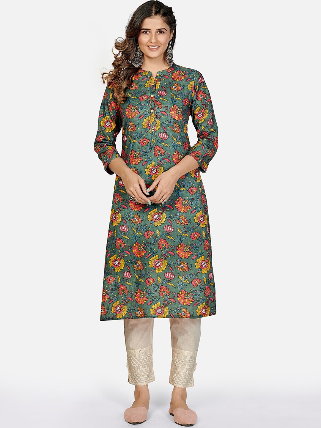 

Vbuyz Women Olive Green Floral Printed Keyhole Neck Kurta