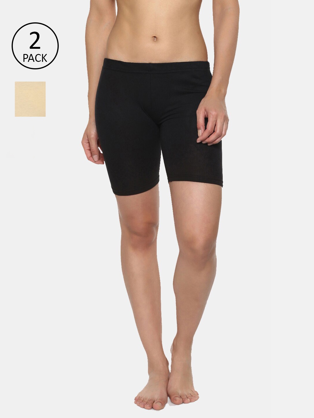 

AMOSIO Women Pack Of 2 Black & Cream-Coloured High-Rise Lounge Shorts