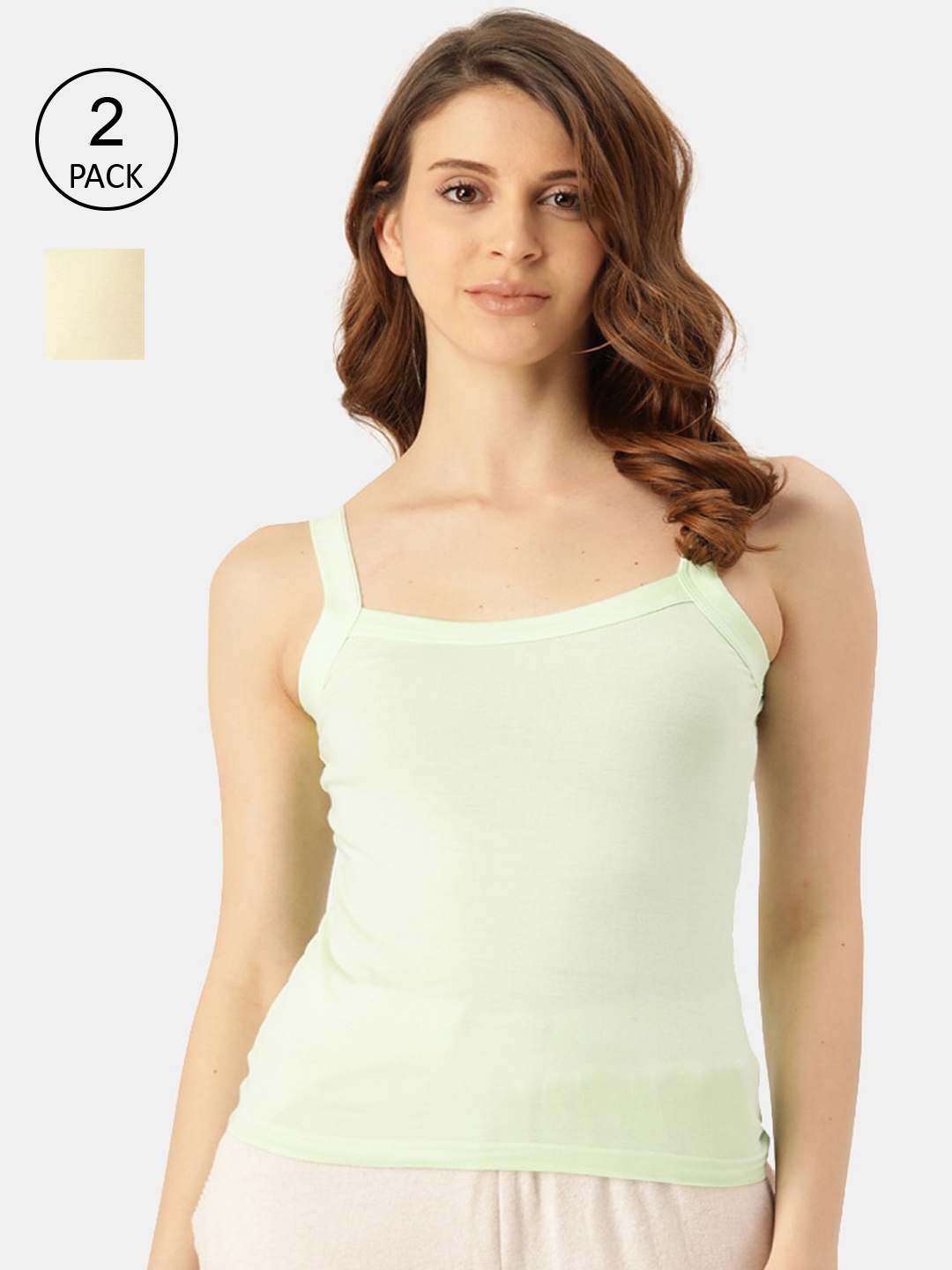 

AMOSIO Women Pack Of 2 Green & Yellow Solid Pure Cotton Camisoles
