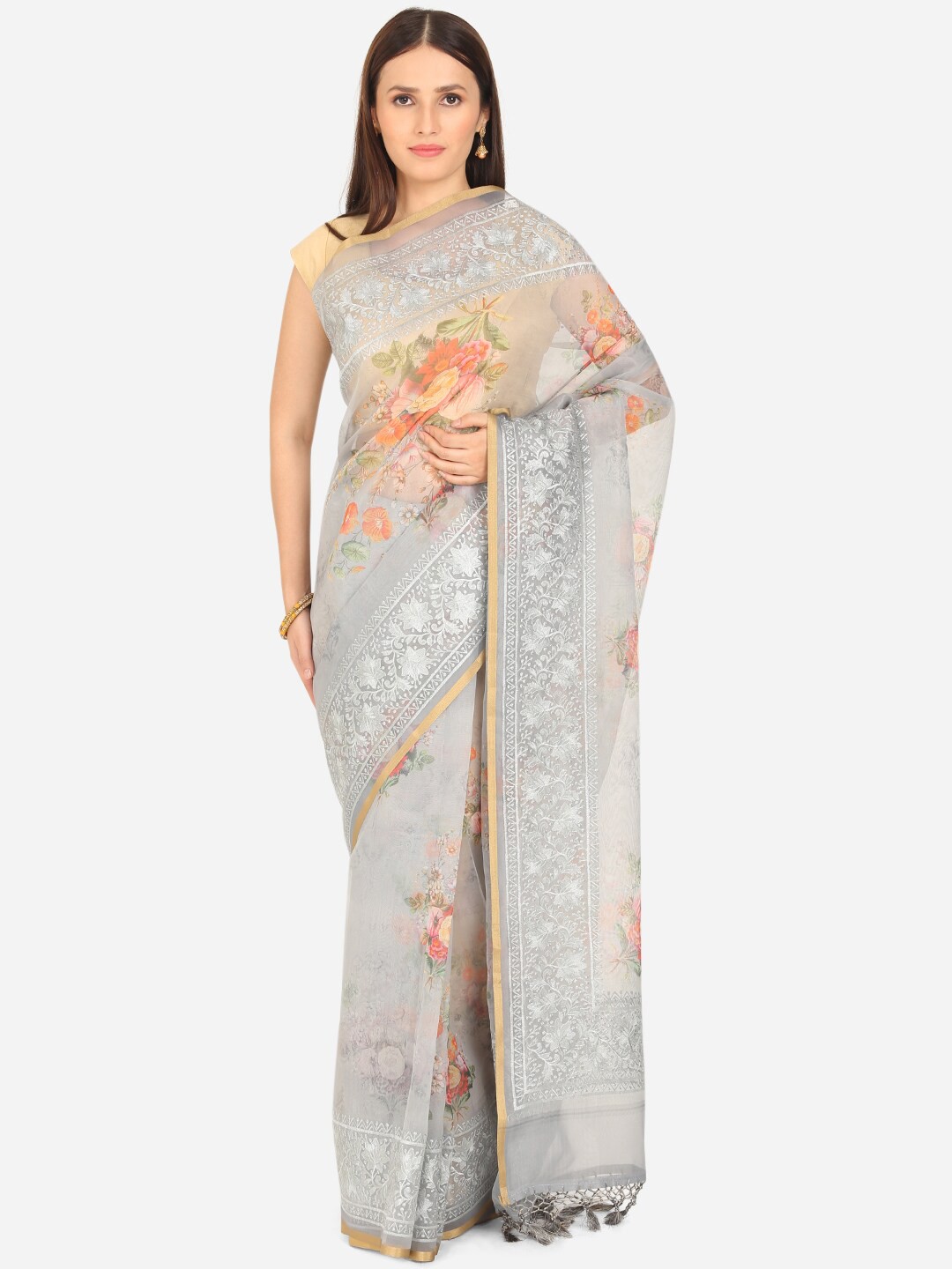 

BOMBAY SELECTIONS Grey & Orange Floral Organza Saree