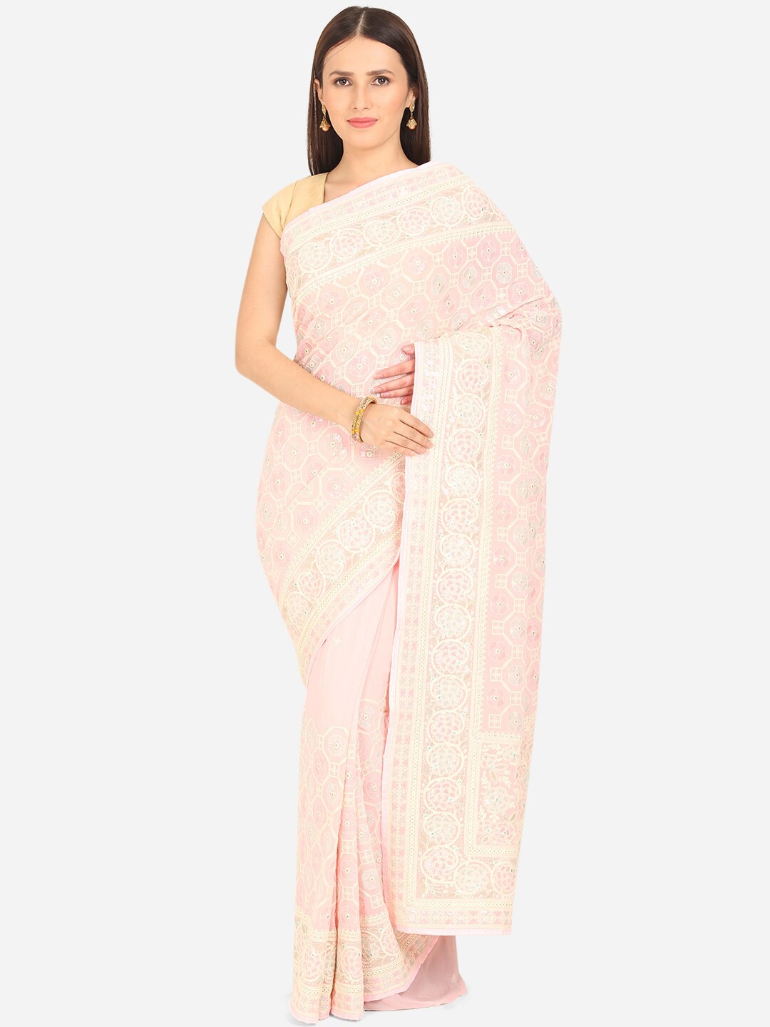 

BOMBAY SELECTIONS Pink & Off White Ethnic Motifs Embroidered Saree